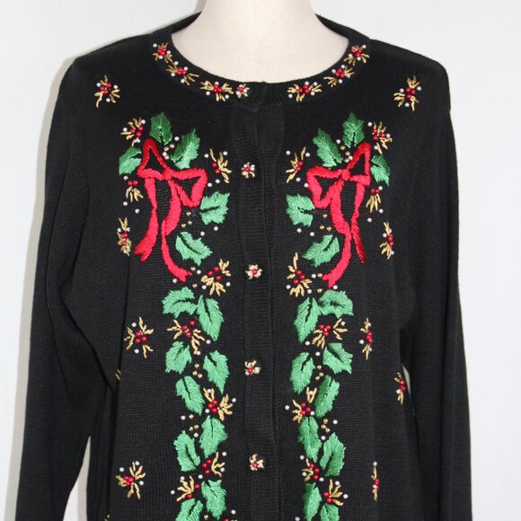 B.P Design Women's Christmas Cardigan Sweater Button Up Holly and Bows Holiday L - Picture 5 of 14